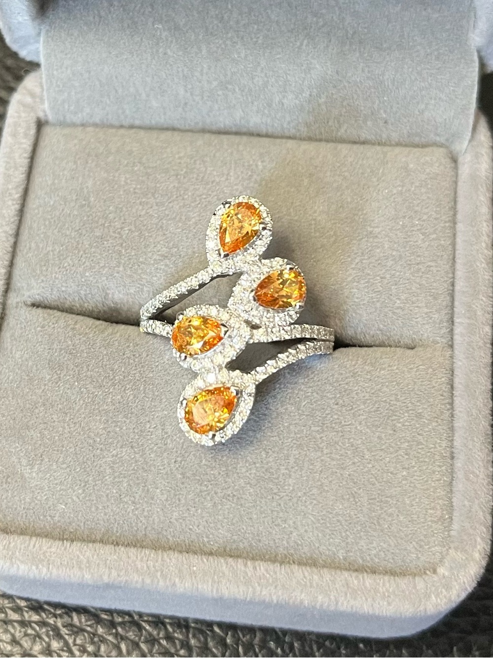 Orange Teardrop Halo Ring with Pavé Band-Sterling Silver
